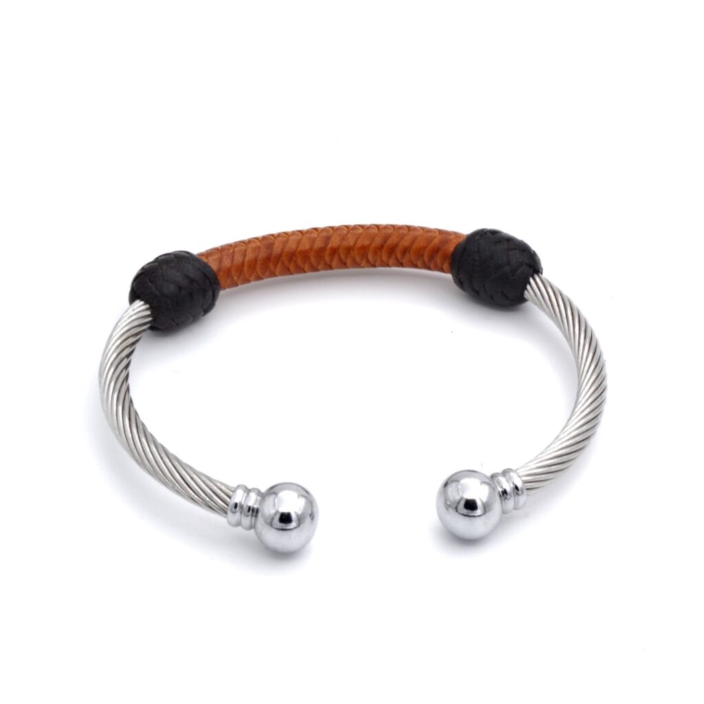 Pulsera Pelayo en acero y cuero marrón y negro
