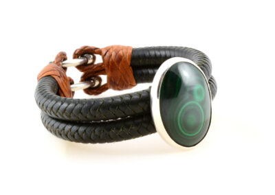 Pulsera de cuero, piedra malakita y plata Malakita