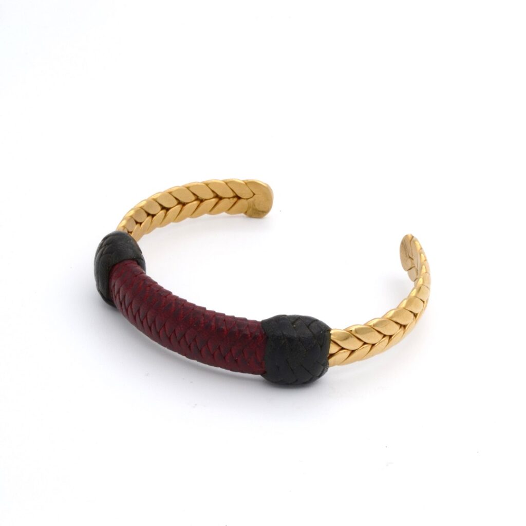 Pulsera Trenza en acero dorado y cuero marrón y negro